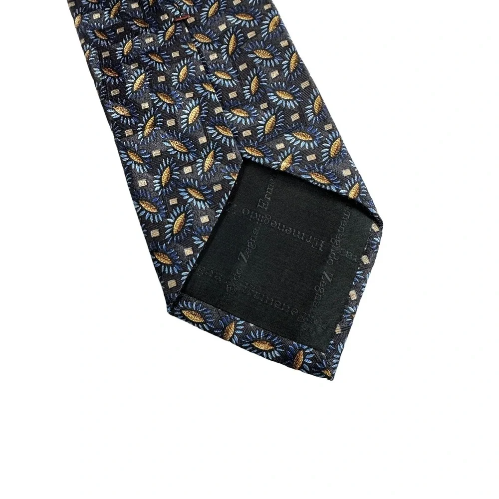 Ermenegildo Zegna Blue Brown Gray Floral Print Tie 3.75 Inch Width